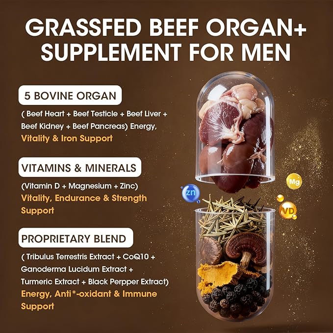 M inch Beef Organs Supplement Beef Liver Capsules with Kidney Pancreas Tribulus Terrestris CoQ10 Zinc &amp Magnesium for Men's Vitali*ty Energ*y Immune Support Gluten-Free Non-GMO 120 Cou