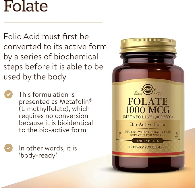 Solgar Folate 1000 mcg 120 Tablets - 1000 mcg Bio-active Metafolin - Vegan Gluten Free Dairy Free Kosher - 120 Servings