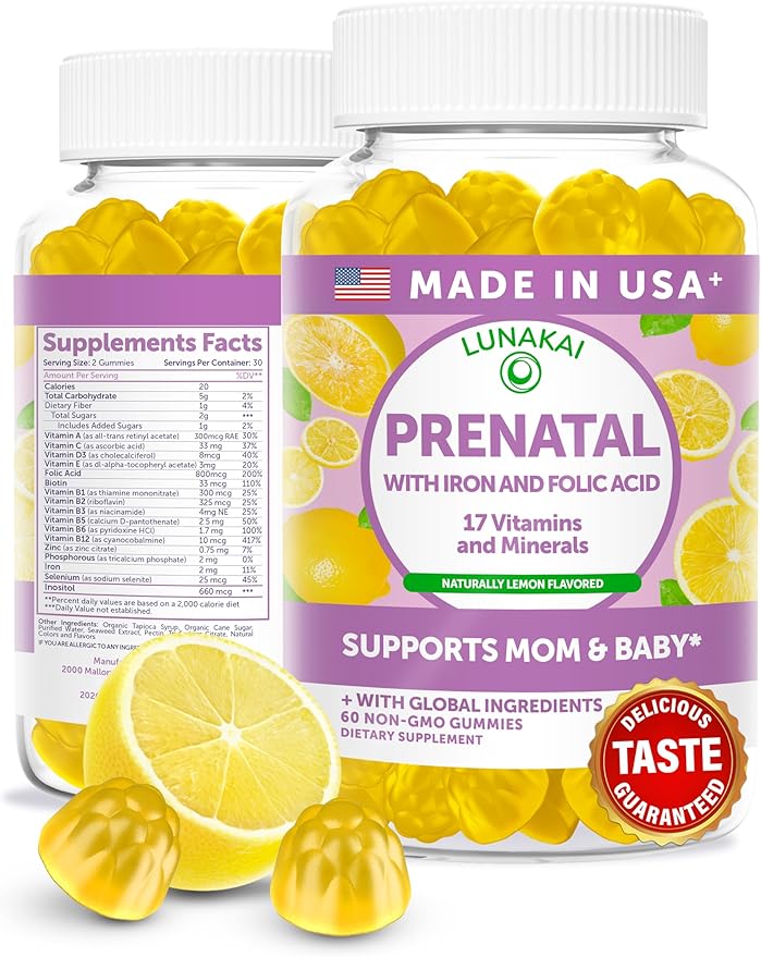 Lunakai USA Made 17-in-1 Prenatal Vitamins for Women with Iron &amp Folic Acid – Delicious Daily Prenatal Gummies for Maternal Wellness Support 60ct