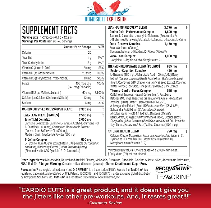 Cardio Cuts NDS Nutrition 4.0 Pre Workout Supplement - Advanced Weight Loss and Pre Cardio Formula with L-Carnitine CLA MCTs L-Glutamine and Safflower Oil - Bombsicle (40 Servings)