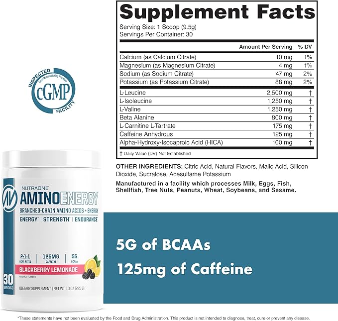 NutraOne Amino Energy BCAA Powder Pre-Workout Supplement with Caffeine Branched Chain Amino Acids to Help Fuel and Recover* (Berry Lemonade - 30 Servings)