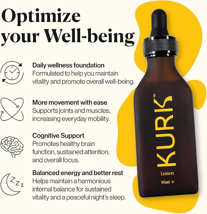 Kurk Essential Liquid Turmeric Curcumin Supplement Turmeric Drops Oil for Advanced Everyday Wellness Focus &amp Energy 185x More Absorbable Than Powders Plant-Based (Lemon) (3.2 Fl Oz)