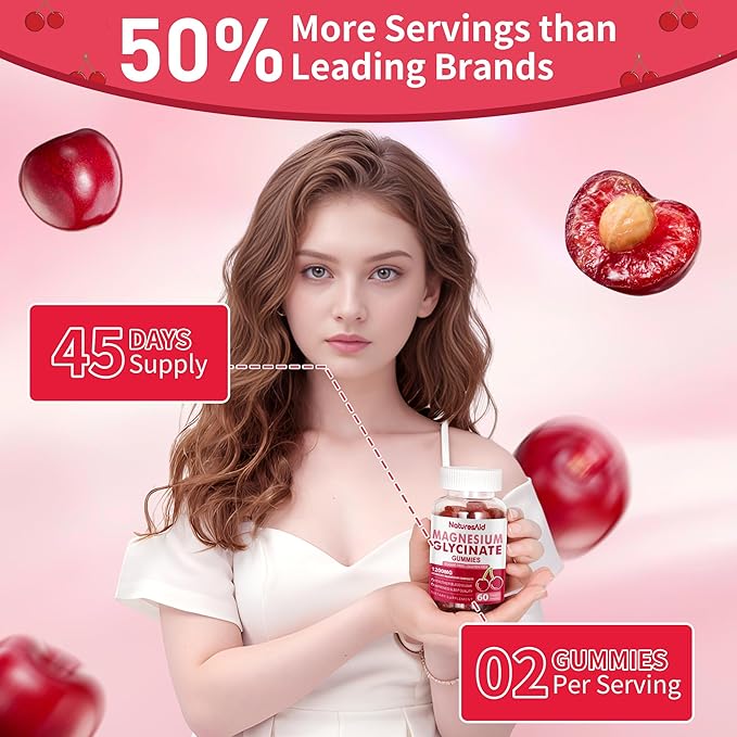 Natures Aid Magnesium Glycinate Gummies 1000mg - Sugar Free Magnesium Potassium Supplement with Vitamin D B6 CoQ10 for Calm Mood &amp Sleep Support - 120 Cherry Gummies -2 Pack