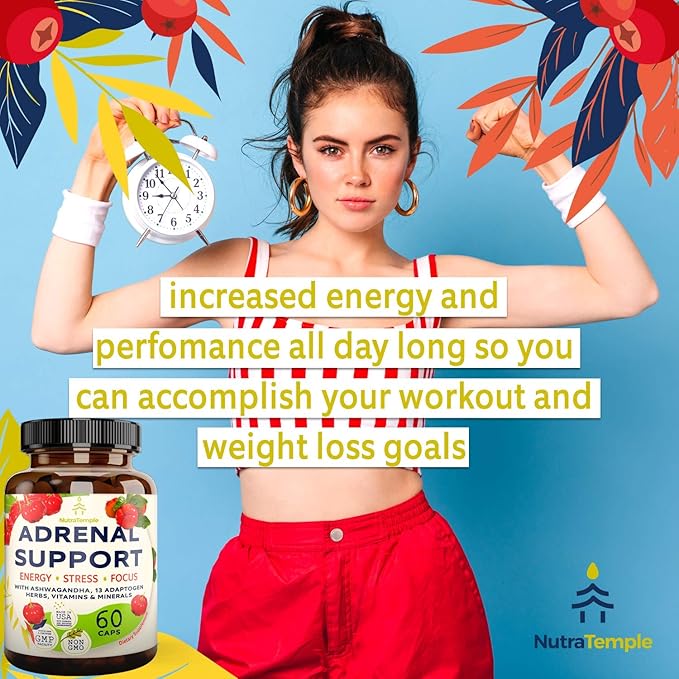 Adrenal Support &amp Cortisol Manager – Extra Strength Adrenal Fatigue Supplements for Energy Brain Fog with Ashwagandha Rhodiola Rosea L Thyrosine Holy Basil – 60 Non GMO Pills