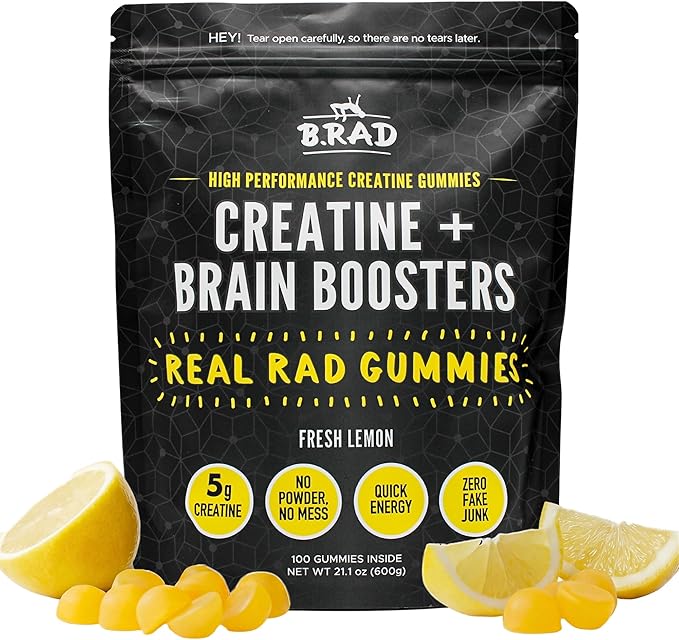 B.rad Real Rad Creatine Gummies | 5g Creatine Monohydrate Per Serving | with Alpha GPC L-Theanine L-Tyrosine L-Citrulline &amp Panax Ginseng | Natural Lemon Flavor | 100 XL Gummies