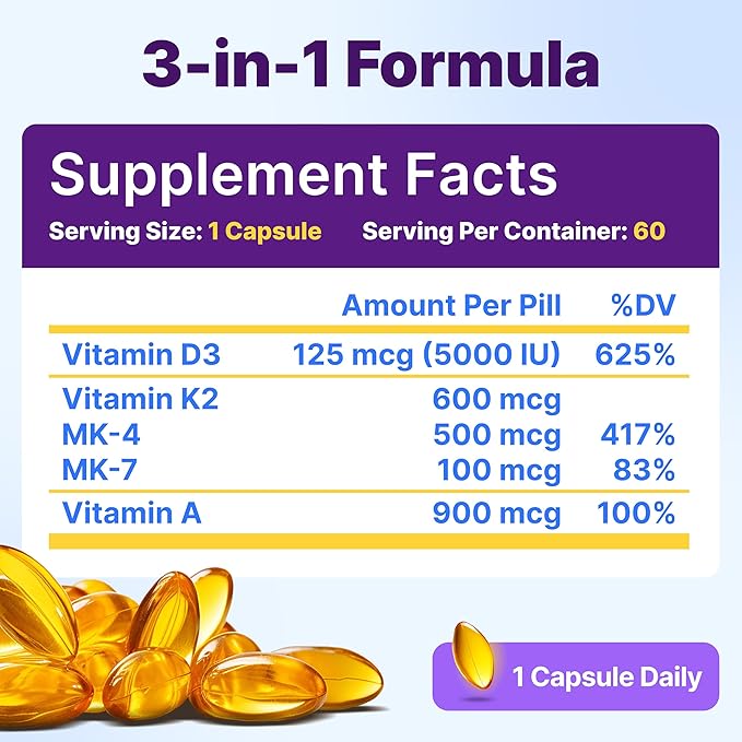 InnovixLabs Vitamin D3 K2-5000 IU Vitamin D3 Plus 600 mcg Vitamin K2 MK4 and MK7 for Max Calcium Absorption Supports Bone Immune Heart Health 3rd Party Tested Gluten Free 60 Softgels