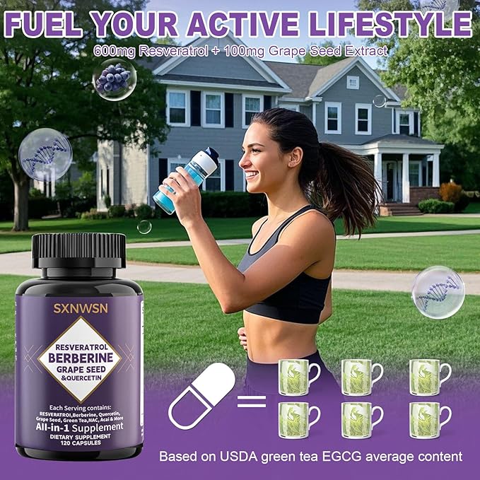 Resveratrol &amp Berberine Complex 120 Capsules - Antioxidant Support with Grape Seed Quercetin &amp NAC Promotes Healthy Cellular Function &amp Metabolism