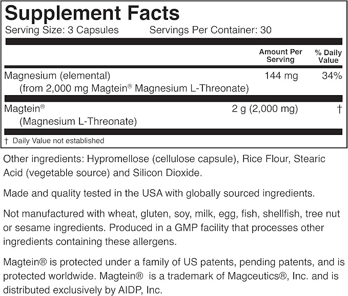 Magtein Magnesium L-Threonate - 90 Capsules - Magnesium L-Threonate Support Brain Health*