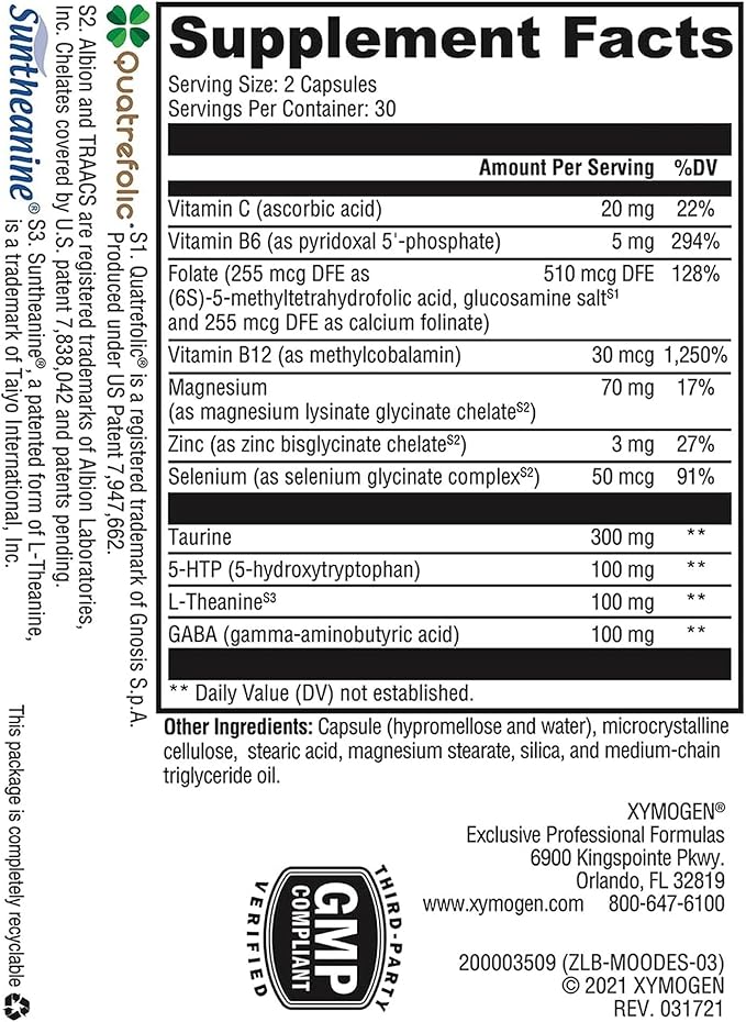 XYMOGEN Mood Food ES - Supports Relaxation &amp Healthy Mindset - Active Folate &amp L-Theanine - Vegetarian Non-GMO &amp Gluten Free - 60 Capsules