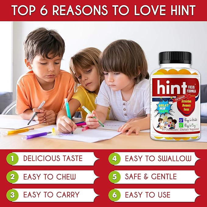 Hint Omega 3 6 9 Gummies for Kids &amp Teens – Brain Support Focus Gummies for Teens Kids Memory Vitamins Non-Fishy Low Sugar Non-Fishy – 60 Gummies