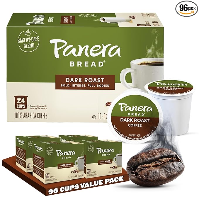 Panera Bread Dark Roast Coffee Pods 100% Arabica Compatible Bold &amp Smooth Dark Chocolate Finish Kosher Certified Recyclable Single Serve Cups 96 Single Serve Pods (4 Packs of 24)