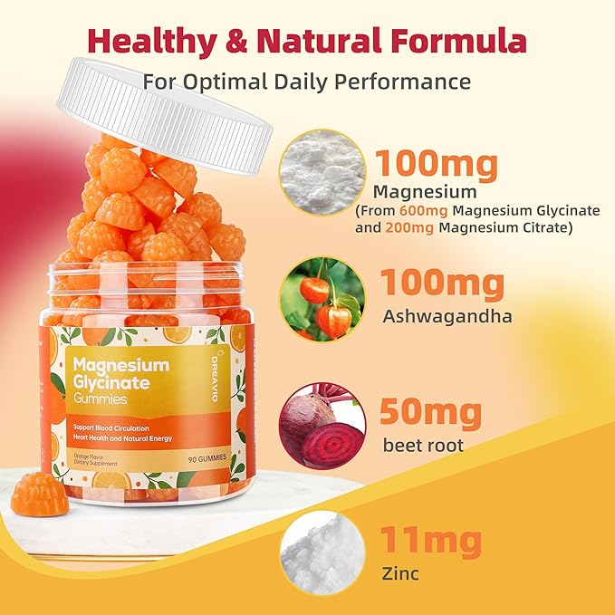 DREAVIO 90 Count Magnesium Glycinate Gummies w/Ashwagandha Supplement - Sugar Free Zinc Magnesium Glycinate Supplement Ashwagandha Gummies for Adults Orange Flavor