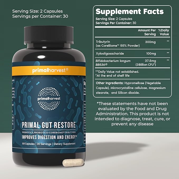 Primal Harvest Probiotics &amp Gut Health Supplements for Women and Men Pre and Probiotics with 31 Billion CFU and Gut Restore Digestion Pills Bundle