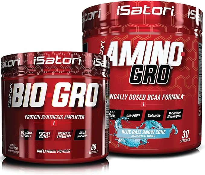 iSatori Bio-GRO Protein Synthesis Amplifier - Unflavored (60 Servings) &amp iSatori Amino-GRO BCAA Powder - Blue Razz Snow Cone (30 Servings)