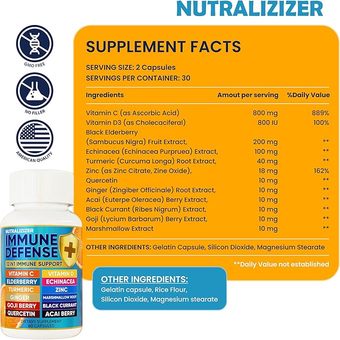 12 in 1 Immune Support Supplement - Immune Defense Vitamins w/VIT D3 Vitamin С Zinс Echinacea Elderberry Ginger &ampMore - Natural Immunity System Booster - Immune &amp Muscle Health 120cs