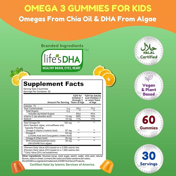 SHIFAA NUTRITION Halal Omega 3 for Kids with DHA Gummies for Brain Development Heart &amp Immune Support Plant-Based Non-GMO Algae-Based DHA Gluten &amp Gelatin-Free Kids Omega 3 Gummies 30 Se