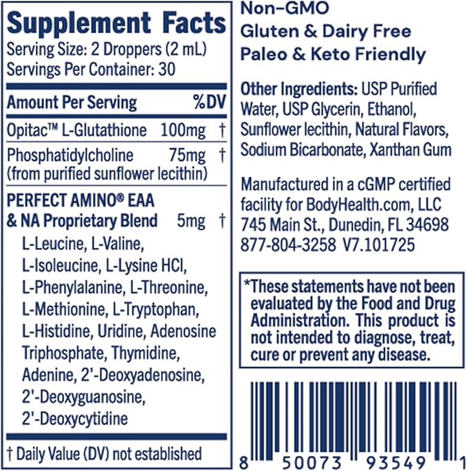 BodyHealth Liposomal L-Glutathione 100 mg – Lemon Mint Flavor | Supports Detox Liver &amp Immune Health | Vegan Non-GMO Gluten-Free - 2 FL OZ (60 mL)
