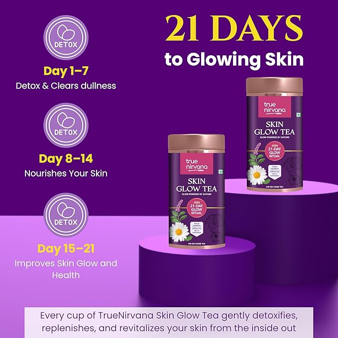 Truenirvana Skin Glow Tea – Ayurvedic Herbal Loose Leaf Blend (100g) | Caffeine-Free | Manjishta Hibiscus Amla &amp Rose Petals | Daily Wellness &amp Radiance Support