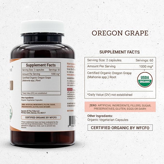 Secrets of the Tribe Oregon Grape USDA Organic Capsules | Certified Organic Vegetarian Capsules Herbal Dietary Supplement | Mahonia aquifolium Dried Root (120 Count)