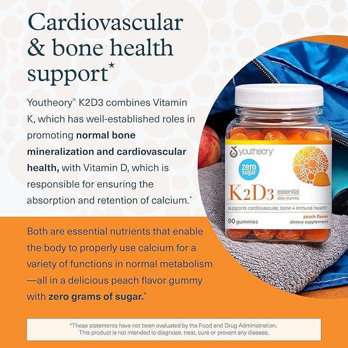 Youtheory K2D3 - Immune Bone &amp Heart Health Support - Combines Vitamin D3 &amp Vitamin K2 - Dairy Soy &amp Gluten Free - 90 Vegetarian Capsules