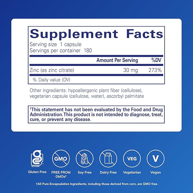 Pure Encapsulations Zinc (Citrate) - for Immune System Tissue Development &amp Metabolism* - Mineral Supplement with Enzymes - Highly Absorbable Zinc - Vegan &amp Non-GMO - 180 Capsules