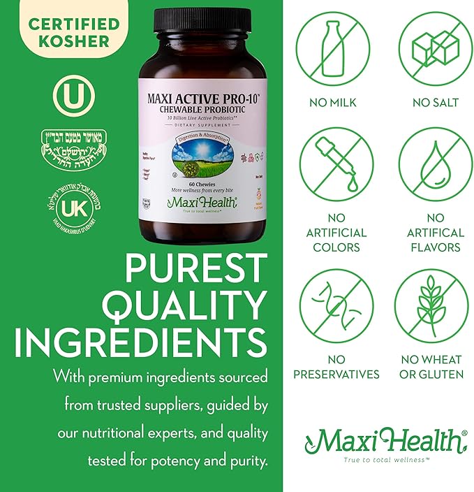 Maxi Health Active Pro-10 Kids Probiotic Chewables – 15 Strains for Digestive &amp Immune Health –10 Billion probiotic Blend- Dairy-Free Kosher – Supports Gut Health Vegetarian – 60 ct (Shelf Stabl