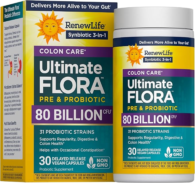 Renew Life Probiotic Colon Care Probiotic Capsules Daily Supplement Offers Colon Support L. Rhamnosus GG Dairy Soy and gluten-free 80 Billion CFU 30 Count