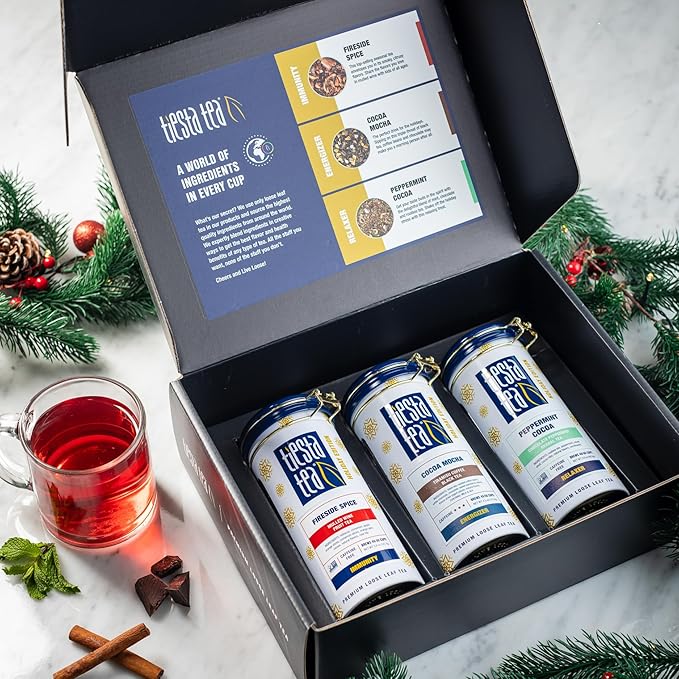 Tiesta Tea - Holiday Loose Leaf Tea Gift Set High to Non-Caffeinated Holiday Blends 3 Tins of Hot &amp Iced Brews Variety Pack Fireside Spice Peppermint Cocoa &amp Cocoa Mocha
