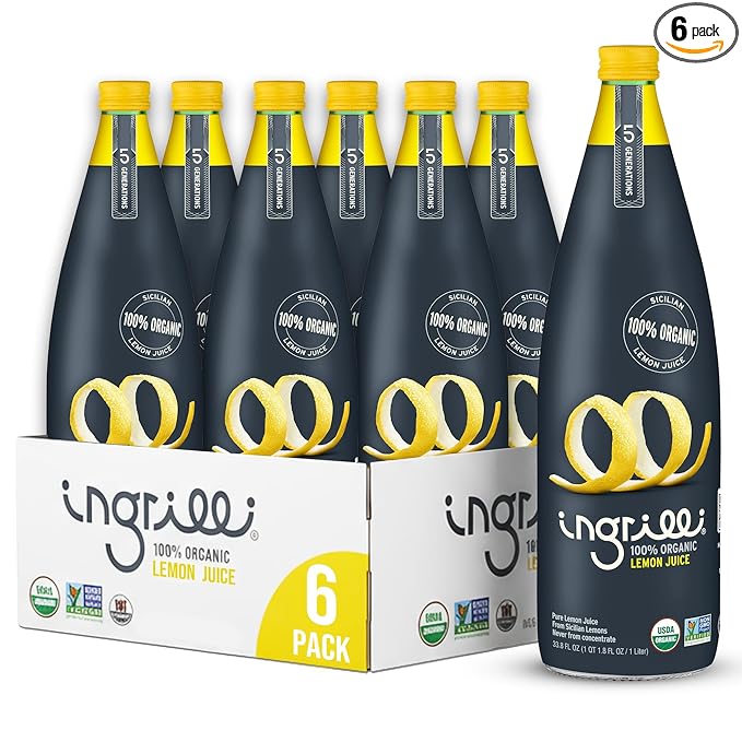 Ingrilli 100% Organic Lemon Juice 33.8 Fl Oz Glass Bottle (Pack of 6)