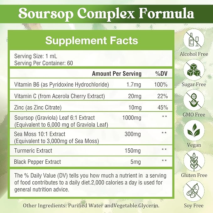 2 Flavors Unflavored &amp Pineapple丨 Soursop Graviola with Sea Moss Liquid Drops 7-in-1 Soursop Bitters Liquid for Digestive Antioxidant Cell Support &amp Regeneration