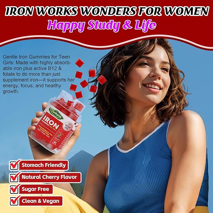 Iron Gummies for Teen Girls Gentle Iron Bisglycinate with Vitamin C Iron Supplement Plus Folate Energy &amp Anemia Support Chewable Sugar Free 60 Gummies