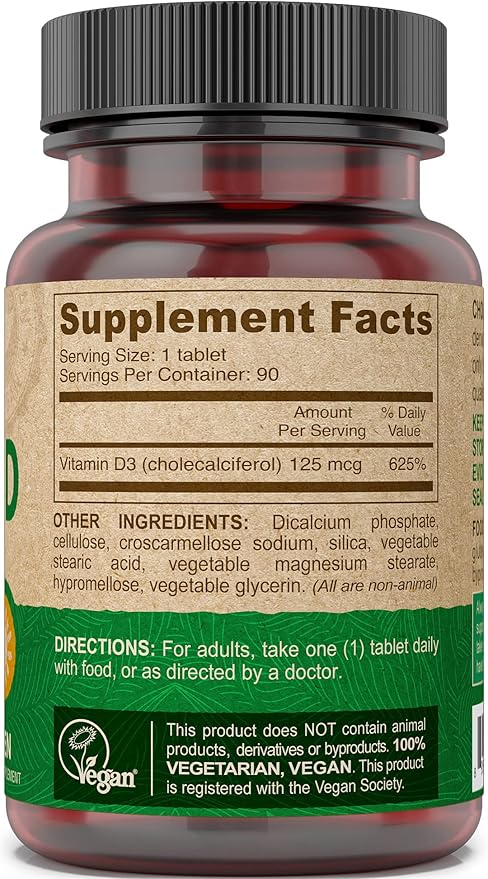 DEVA Vitamin D3 5000 IU Sunshine Supplement 125 mcg of Vegan D3 90-Count Bottle