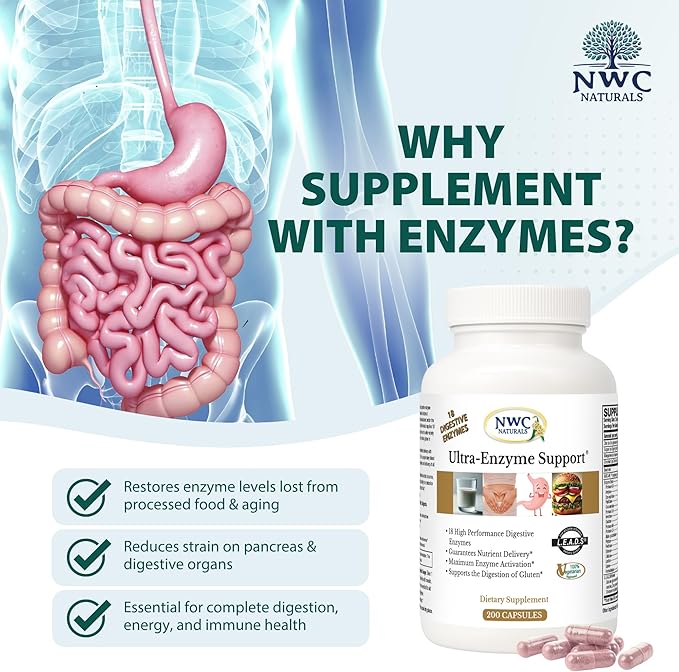 NWC Naturals Ultra-Enzyme Support Natural Digestive Supplement Promotes Optimal Health and Digestion 200 count Capsules