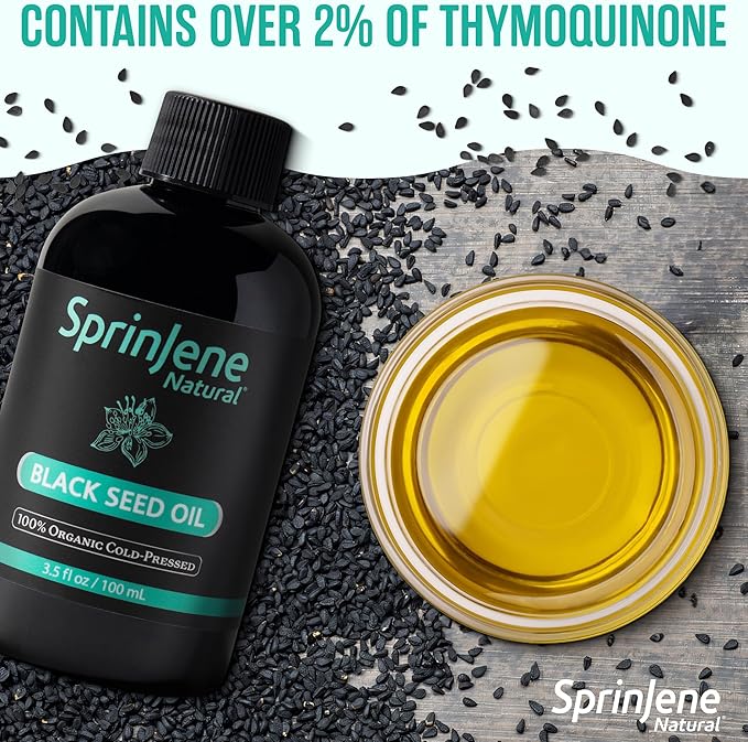 SprinJene Natural® 100% Pure Organic Black Seed Oil Cold Pressed for Oral Wellness Nigella Sativa Black Seed Oil Black Cumin Seed Oil Organic Omega 3 6 9 Nourishes Skin Supports Joint 3.5fl 2pk