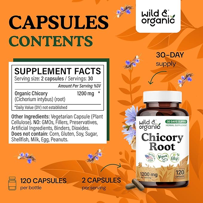 Wild &amp Organic Chicory Root 120 Capsules &amp Inulin 120 Capsules