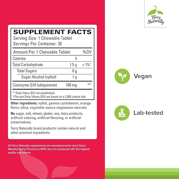 Terry Naturally CoQ10 Chewables - Cellular Energy Support Supplement - Higher Absorption CoQ10 Chewable Supplement - Nutritional Supplement to Aid Healthy Aging &amp Brain Health - 30 Chewables