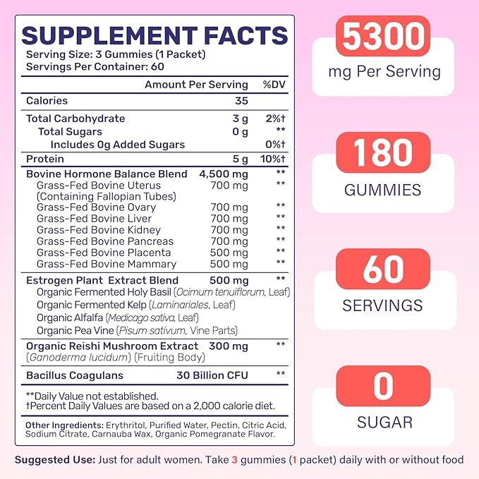 (180 Gummies) Beef Organ Supplement for Women - 5300mg Beef Liver Kidney Uterus &amp 10 More for Hormone Balance Menstruation Energy Immunity Gut &amp Skin Health - 100% Grass Fed &amp Pastu