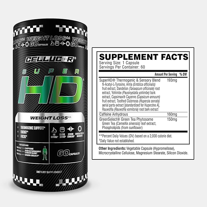 Cellucor SuperHD Thermogenic Fat Burner Weight Loss Supplement Appetite Suppressant &amp Energy Booster Capsimax Green Tea Extract 160mg Caffeine &amp More 60 Capsules (Packaging May Vary)