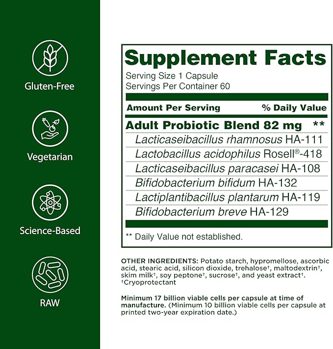 Flora Adult's Probiotic - Vegetarian Daily Probiotic for Gut &amp Digestive Health - Includes Lactobacillus &amp Bifidobacterium - 17 Billion CFU - Gluten-Free - Keep Chilled - 60 Capsules