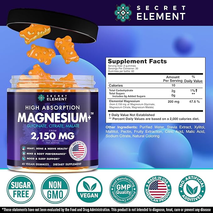 Secret Element Magnesium Glycinate 2150MG Gummies for Women and Men High Absorption Magnesium Glycinate Citrate Malate Gummies for Adults &amp Kids Sleep Support Sugar Free Vegan 60 Chews Ora