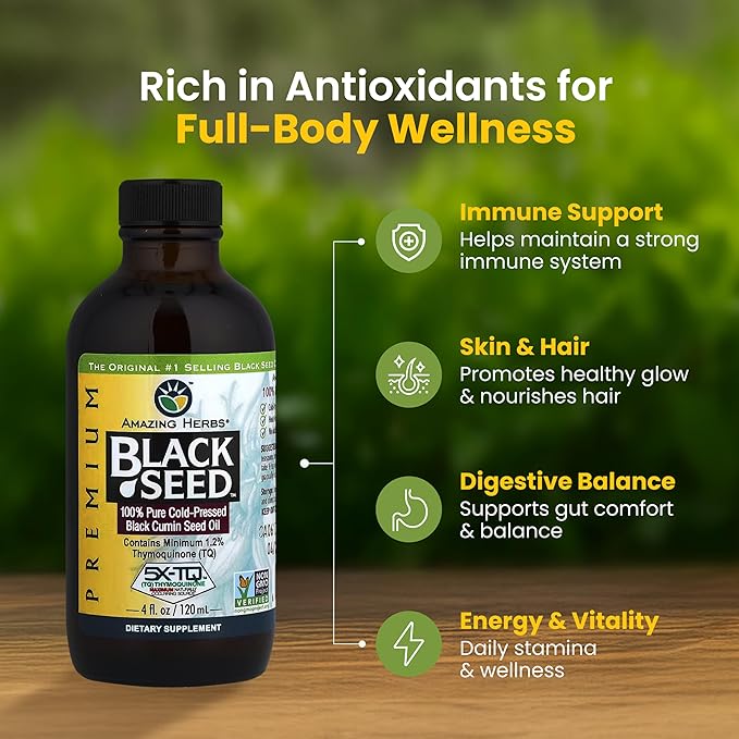 Amazing Herbs Premium Black Seed Oil - Gluten Free Non GMO Cold Pressed Nigella Sativa Aids in Digestive Health Immune Support Brain Function Joint Mobility - 4 Fl Oz (Pack of 2)