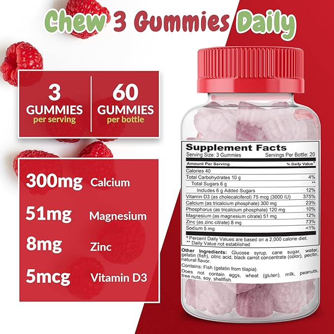 Calcium Magnesium &amp Zinc + Vitamin D Gummies | Bone Health Immune Health Energy and Muscle Function | Daily Dietary Vitamin Supplement | for Adults Teens | Fruity Raspberry Flavor