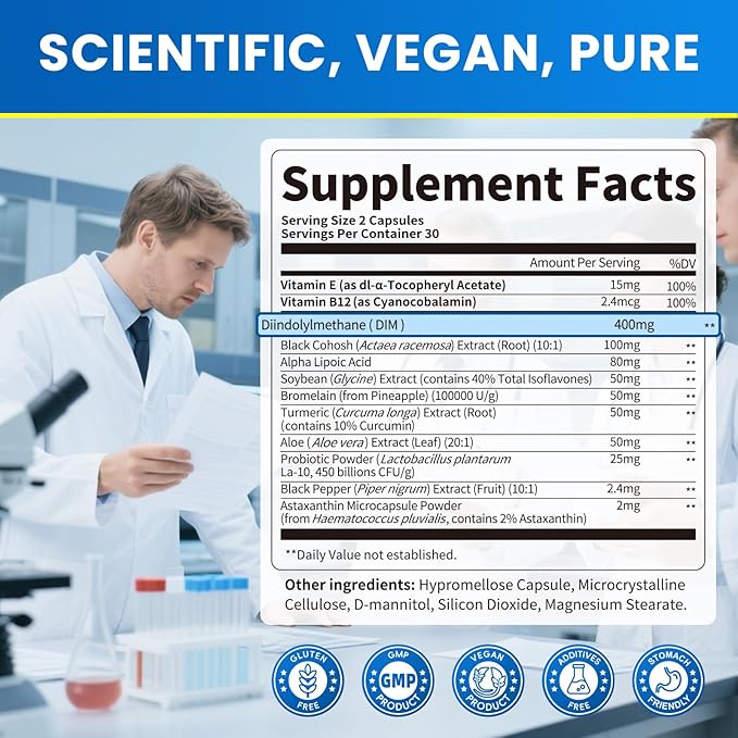Lukaree DIM Supplement 400MG for Women - 12 in 1 Liposomal Dim Capsules- with Black Cohosh Soy Isoflavones &amp Alpha Lipoic Acid Vegan 120 Ct.