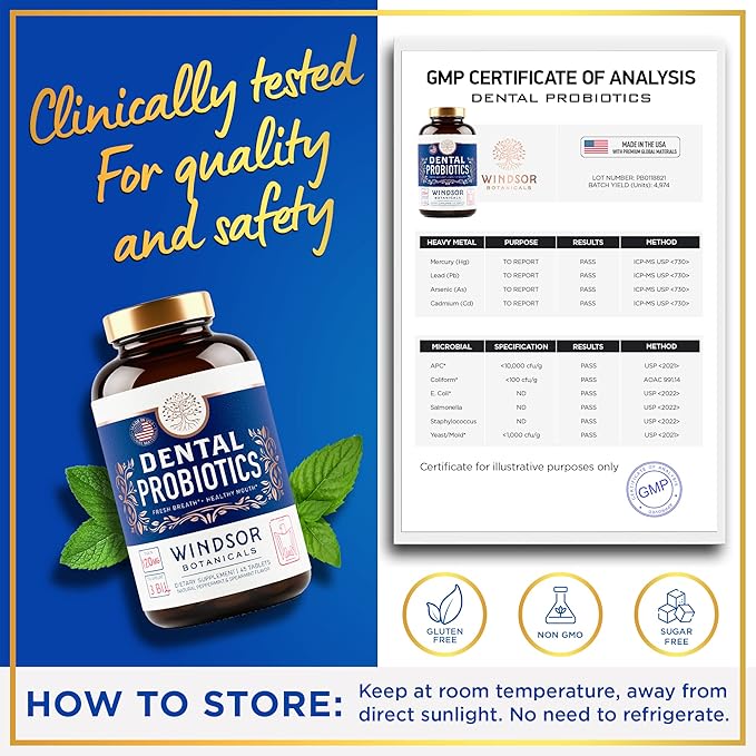 Oral Probiotics for Teeth and Gums - 3BN CFU Lactobacillus Salivarius Acidophilus Rhamnosus Streptococcus - Bad Breath Treatment for Adults - 45 Chewable Mint Dental Probiotic Tablets for Women &amp