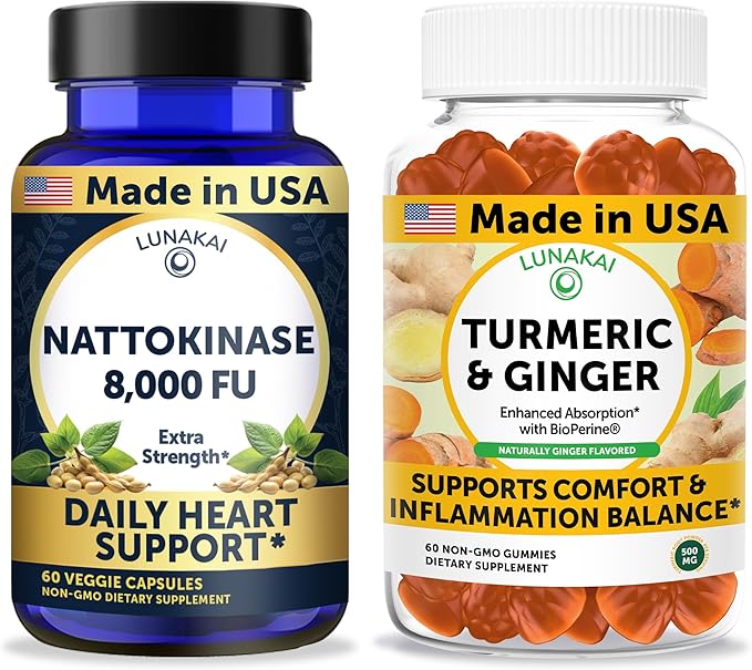 Lunakai USA Made Nattokinase 8000 FU Capsules + Turmeric &amp Ginger Gummies Bundle – Non-GMO – 60ct Each