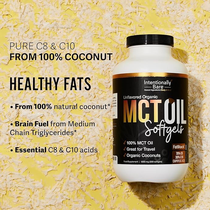 Intentionally Bare MCT Oil Capsules - Organic Coconut Oil with 70% C8 and 30% C10 - MCT Oil for Clean Energy Brain Health Mood and Focus - Coconut C8 for Keto - 300 Soft Gel