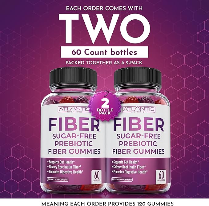 Atlantis Nutrition Sugar Free Prebiotic Fiber Gummies for Adults 60 Gummies + Testosterone Booster 2-Pack (120 Gummies)