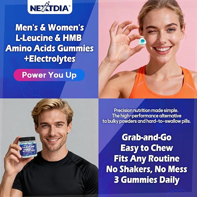 Hmb and L-Leucine Gummies Pre Work Essential Amino Acids EAA Supplements for Men &amp Women w/Branched-Chain Amino (BCAA) &amp 4 Hydration Electrolytes Taurine B12 &amp D3 for Fast Workout Reco