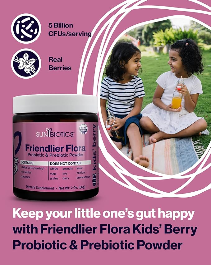 SUNBIOTICS Friendlier Flora - Kids Prebiotic and Probiotic Powder Supplement with 5 Billion CFUs of 5 Probiotic Strains for Good Gut Flora Immune System &amp Balanced Microbiome - Berry (Pack of 2