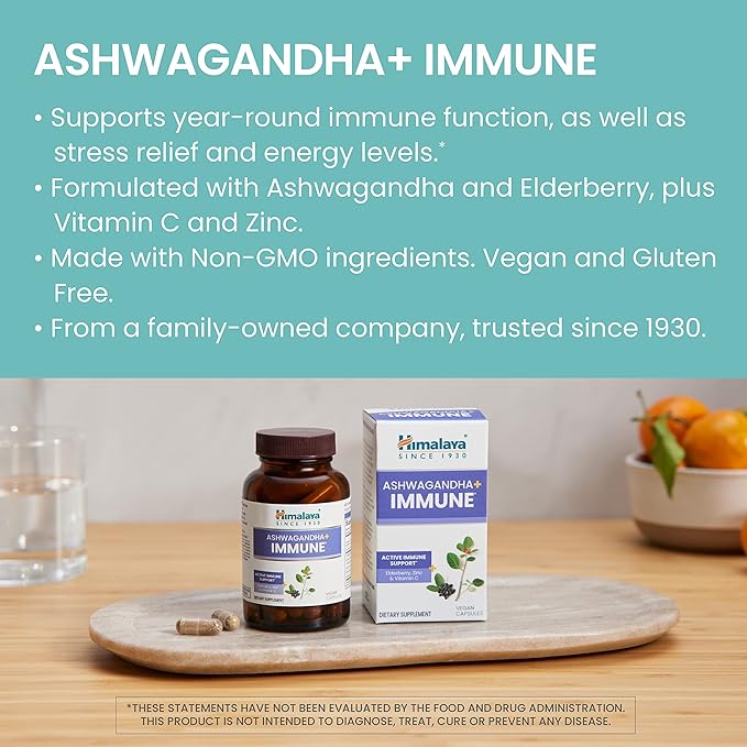 Himalaya Hello Energy with Ashwagandha for Adrenal Support &amp Daily Energy and &amp Ashwagandha +Immune with Vitamin C for Active Immune Support 60 Capsules Each - Bundle